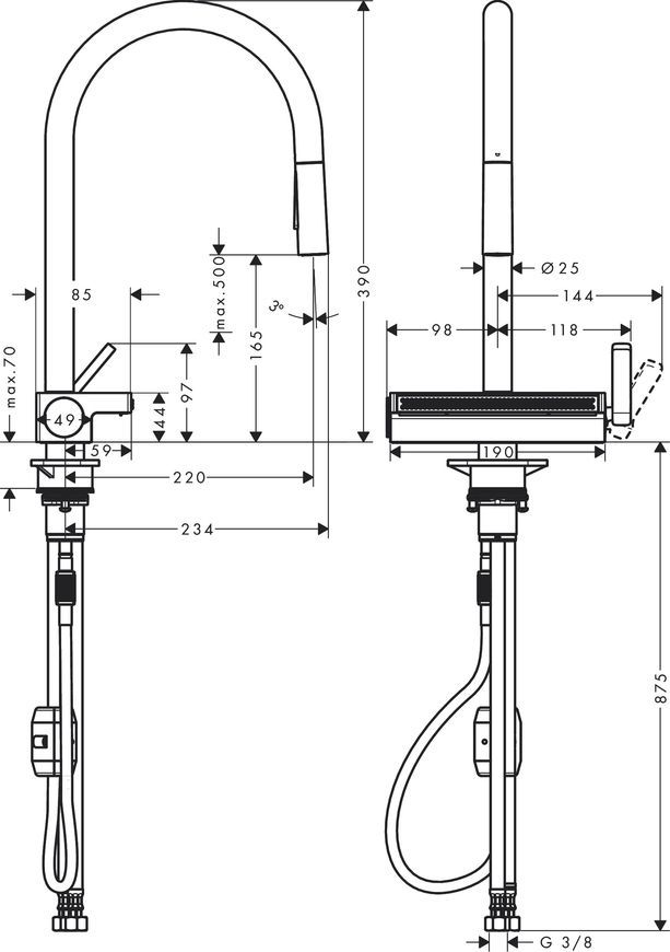 Змішувач для кухонної мийки HANSGROHE Aquno Select M81 170 3jet з витяжним виливом Matt Black 73837670 чорний матовий - 73837670