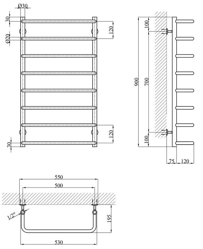 Сушарка для рушників водяна Kroner KRP Stil ST-LWT90x50-8 нержавіюча сталь CV036316 - ST-LWT90x50-8