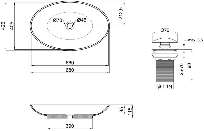 Раковина-чаша QTAP Dove 680х420х120 White з донним клапаном QT0611K160W - QT0611K160W