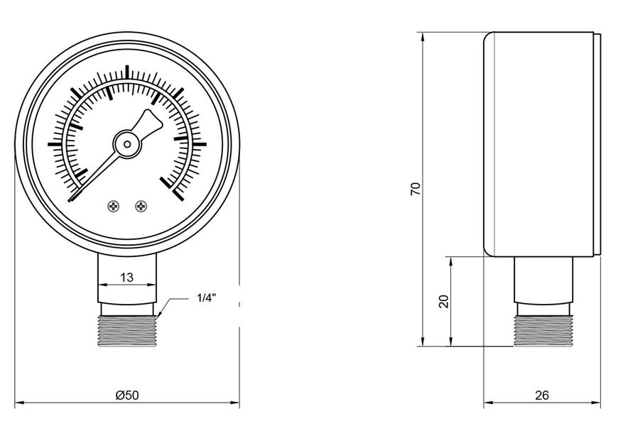 Манометр SD Plus 50 мм латунне нижнє підключення 1/4"ЗР 0-6 бар SD1706B