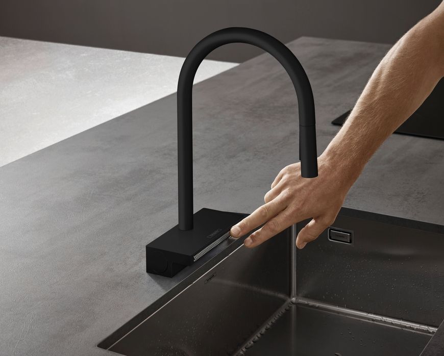 Змішувач для кухонної мийки HANSGROHE Aquno Select M81 170 3jet з витяжним виливом Matt Black 73837670 чорний матовий - 73837670