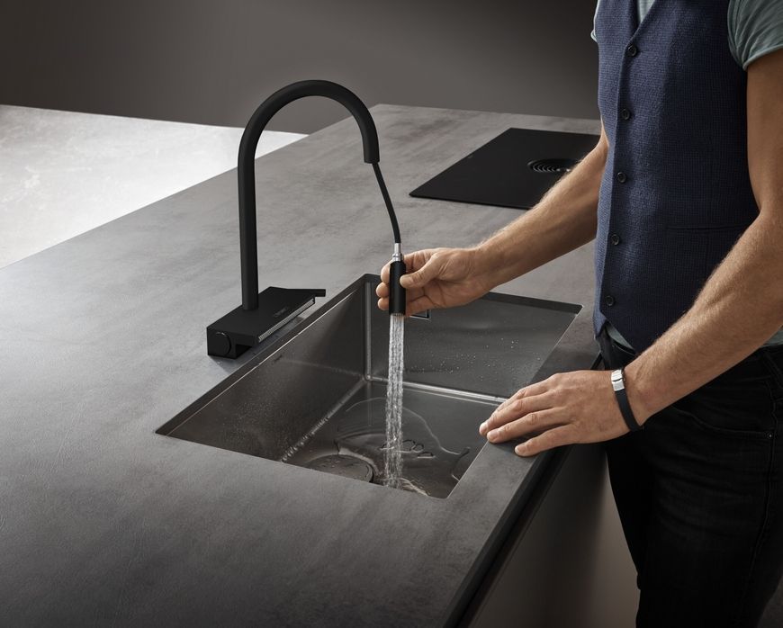 Змішувач для кухонної мийки HANSGROHE Aquno Select M81 170 3jet з витяжним виливом Matt Black 73837670 чорний матовий - 73837670