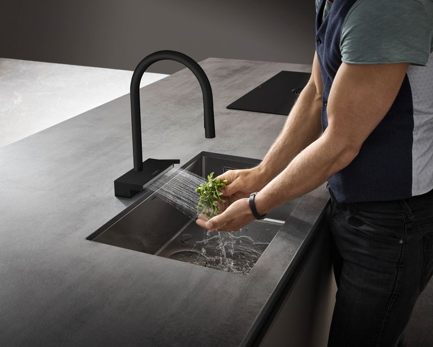 Змішувач для кухонної мийки HANSGROHE Aquno Select M81 170 3jet з витяжним виливом Matt Black 73837670 чорний матовий - 73837670