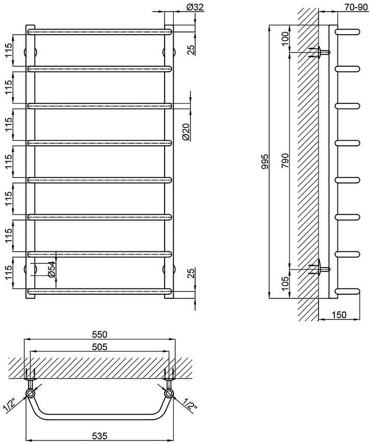Полотенцесушитель водяной LIDZ Standard (CRM) D32/20х1/2" 500x1000 P8 - LSTNDD322012501008WAT