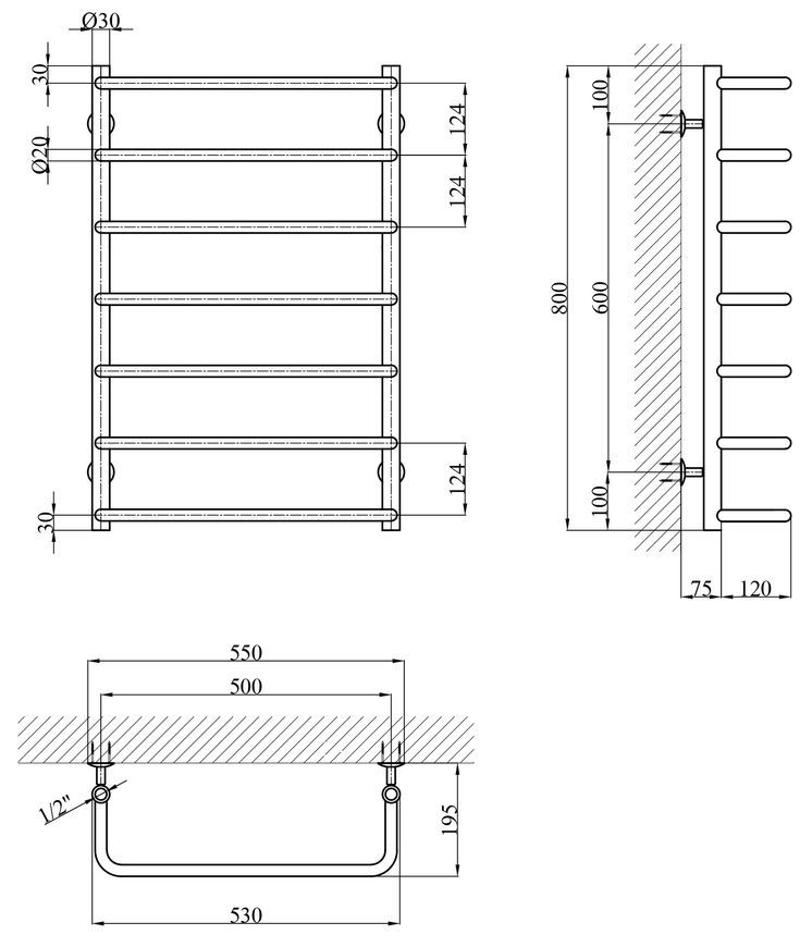 Сушарка для рушників водяна Kroner KRP Stil ST-LWT80x50-7 нержавіюча сталь CV036315 - ST-LWT80x50-7