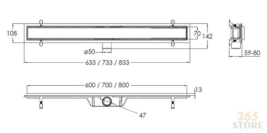 Трап лінійний VOLLE 90-22-601 з сухим затвором, решітка під плитку 600 мм - 90-22-601