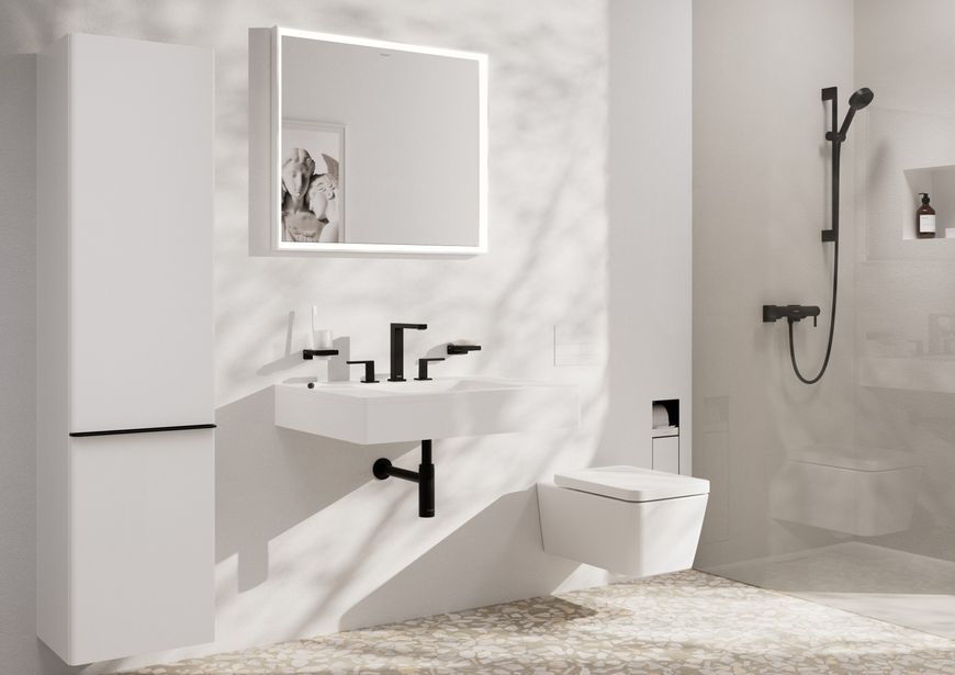 Смеситель для раковины на 3 отверстия HANSGROHE Tecturis E 150 EcoSmart+ Matt Black 73030670 черный с донным клапаном - 73030670