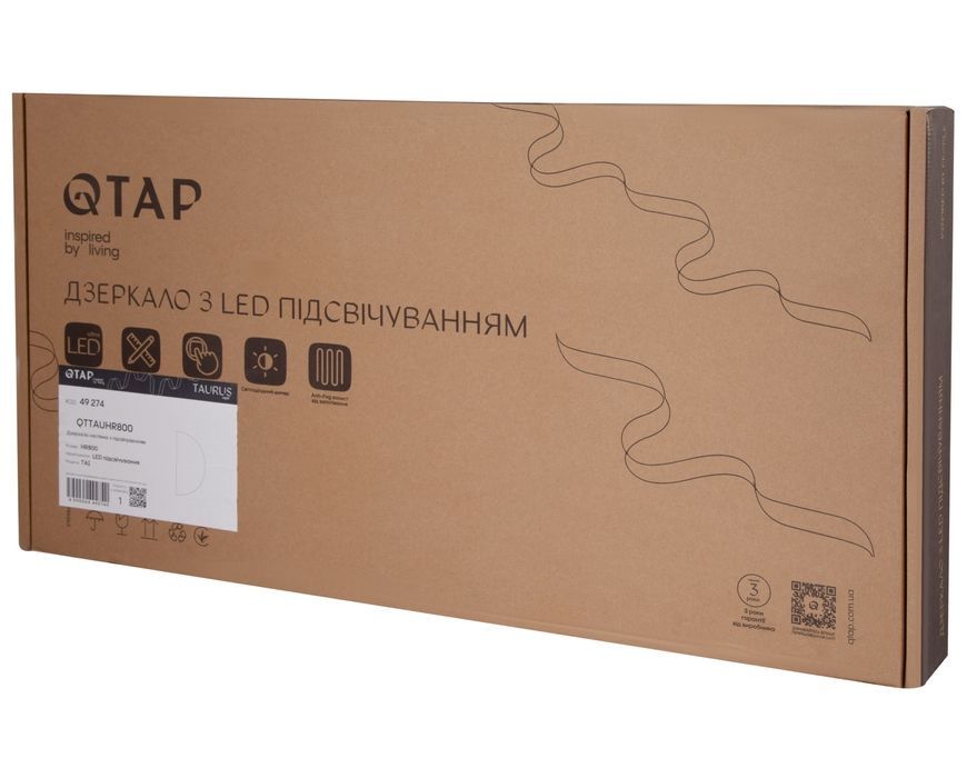 Дзеркало напівкругле Qtap Taurus TA1 HR800 мм з LED-підсвіткою Touch, антизапотіванням, димером 3000-6500 K QTTAUHR800