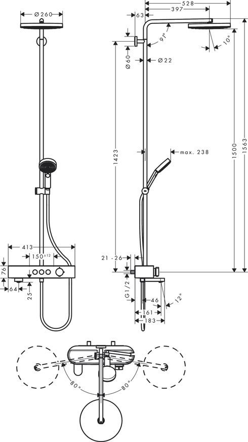 Душова система для ванни HANSGROHE Pulsify S Showerpipe 260 1jet з термостатом 24230000 хром - 24230000