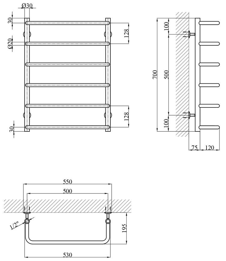 Сушарка для рушників водяна Kroner KRP Stil ST-LWT70x50-6 нержавіюча сталь CV036314 - ST-LWT70x50-6