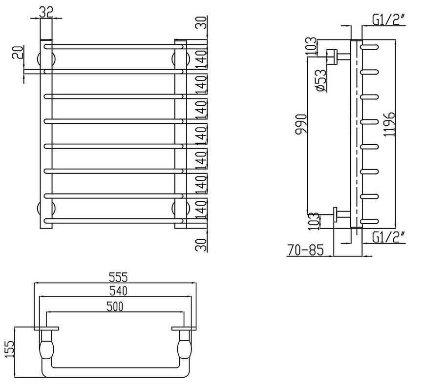 Рушникосушарка водяна LIDZ Standard (CRM) D32/20х1/2" 500x1200 P8 - LSTNDD322012501208WAT