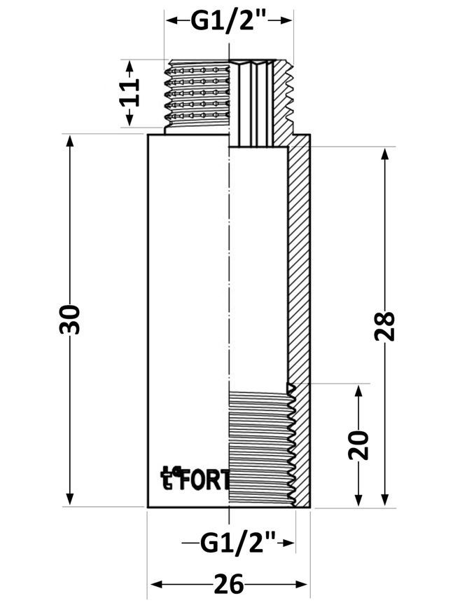 Удлинитель латунный хромированный Thermo Alliance Forte 1/2" ВРх1/2" НР, 30 мм TAF1301530