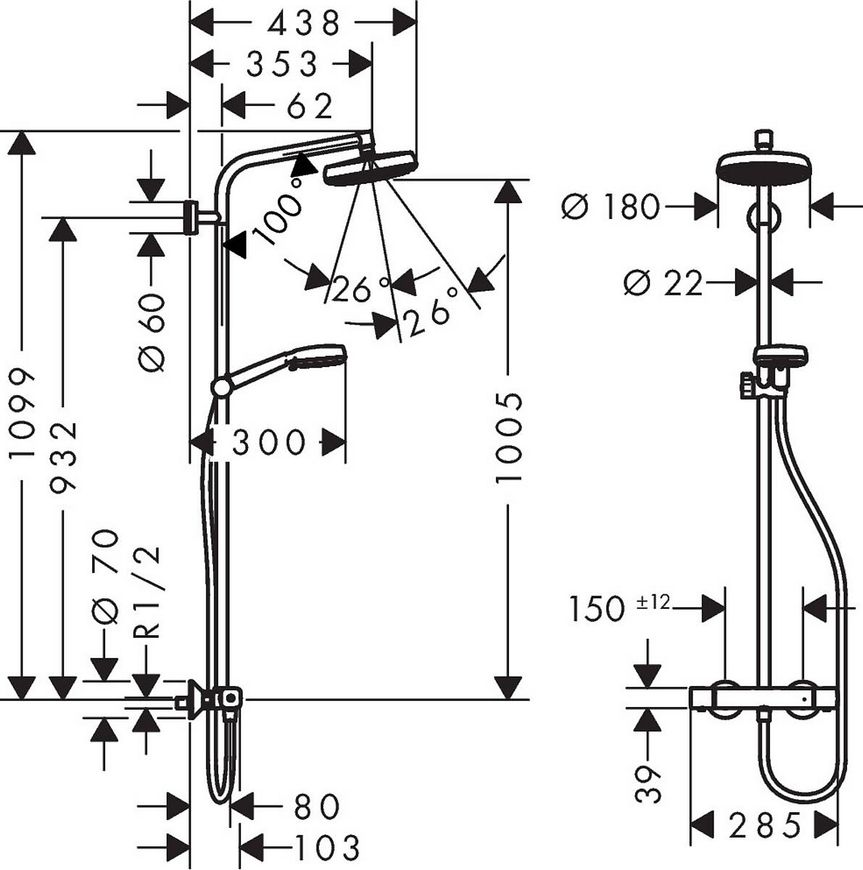 Душова система HANSGROHE Crometta 160 Showerpipe 1jet з термостатом 27264400 хром/білий - 27264400
