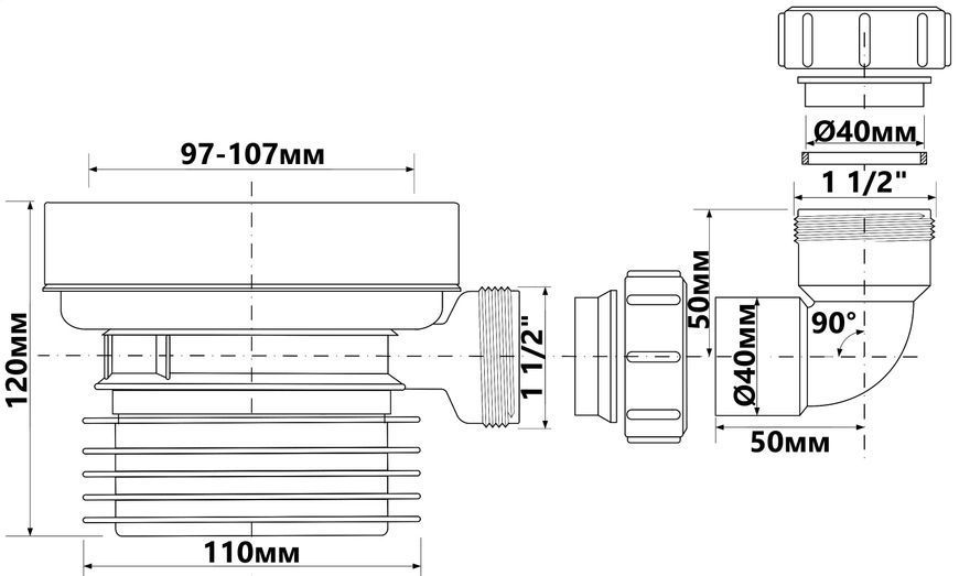 Канализационное подключение короткое McALPINE 97-107/110 мм с отводом 40 мм WC-CON1D