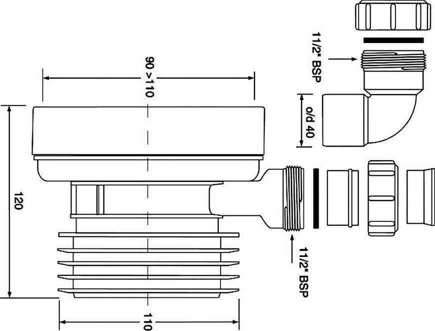 Каналізаційне підключення коротке McALPINE 90-110/110 мм з відводом 40 мм WC-CON1D