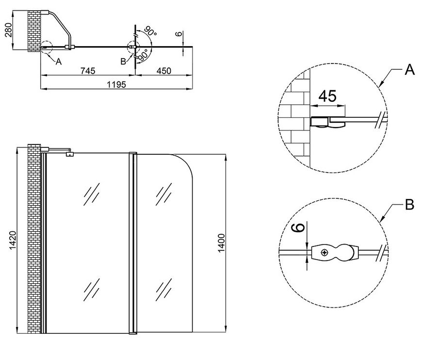 Шторка скляна (перегородка) для ванни LIDZ BRAMA 120x140L, скло Frost 6 мм, розпашна, ліва - LBSS120140LCRMFR