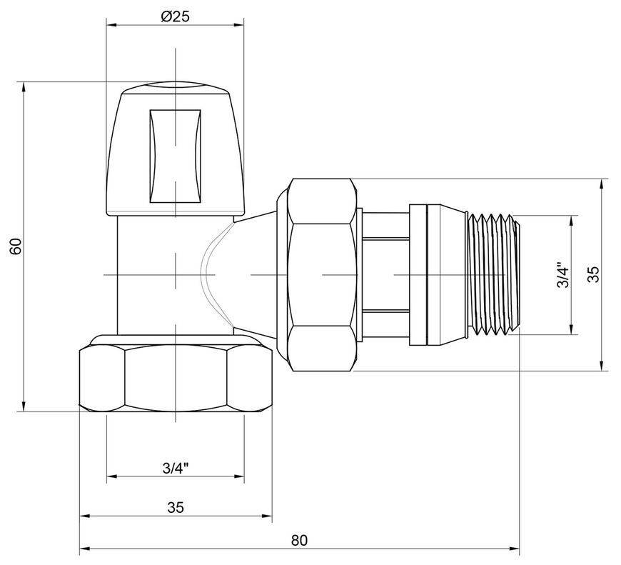 Кран (вентиль) радіаторний Icma 3/4"ВРх3/4"ЗР з антипротіканням кутовий без ручки №805+940 82805AE06940