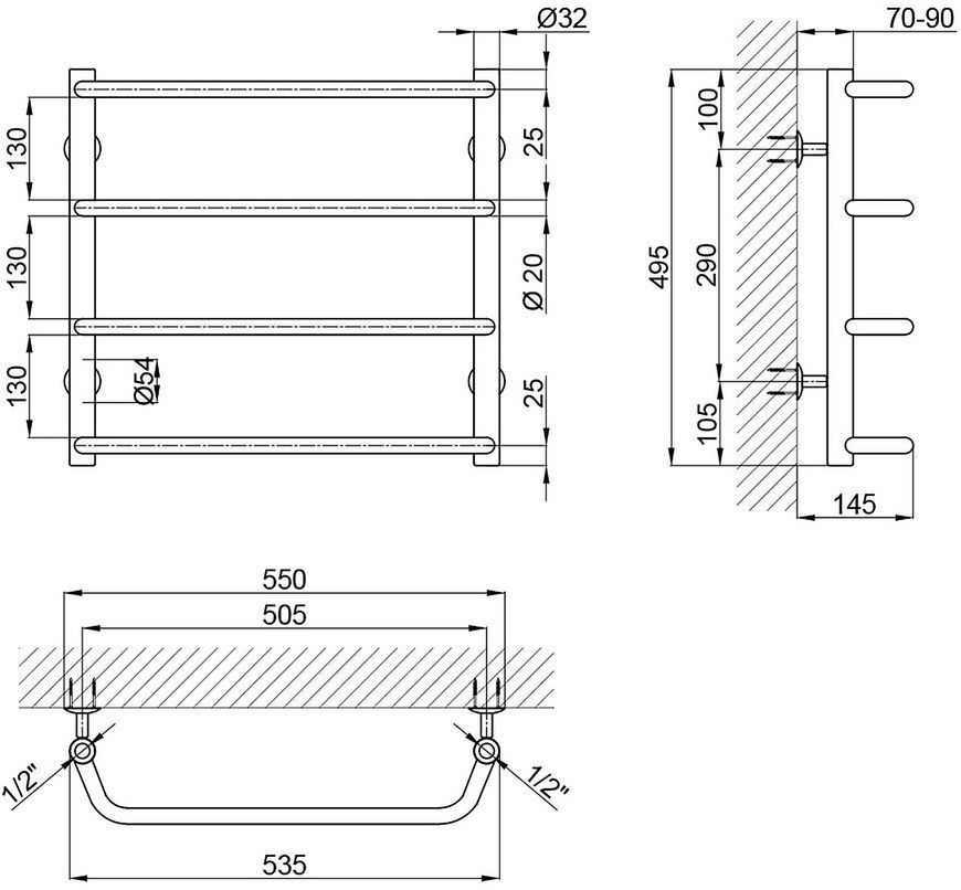 Полотенцесушитель водяной LIDZ Standard (CRM) D32/20х1/2" 500x500 P4 - LSTNDD32201250504WAT