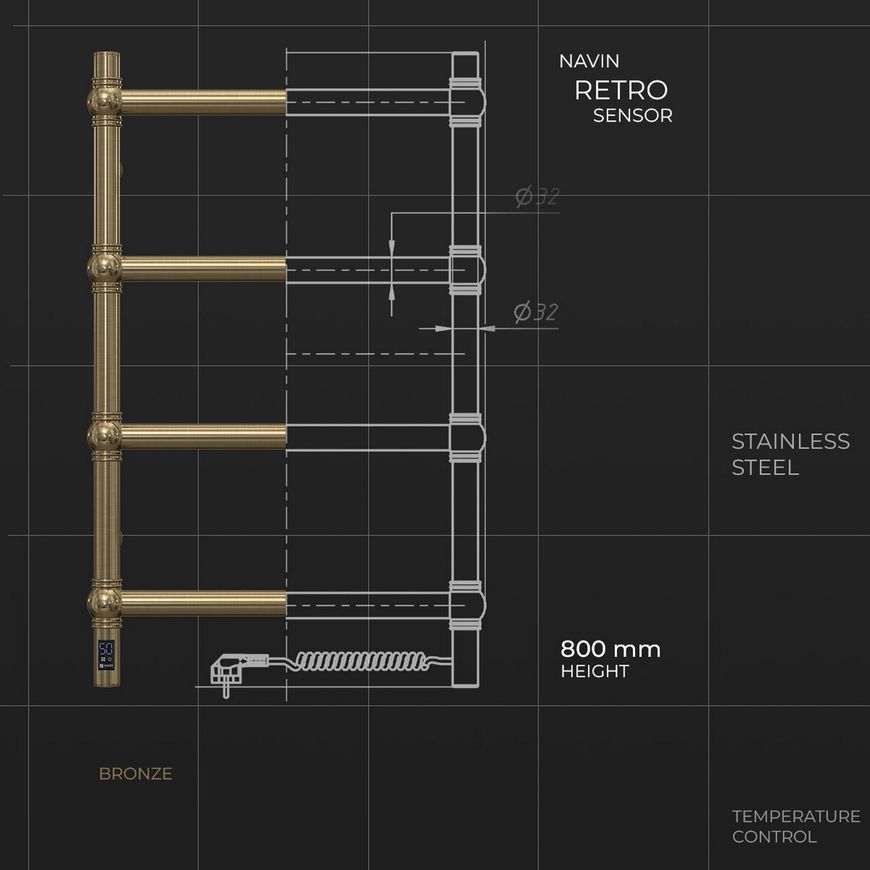Полотенцесушитель электрический NAVIN Ретро 500х800 Sensor таймер регулятор правый бронза 10-540033-5080 - 10-540033-5080