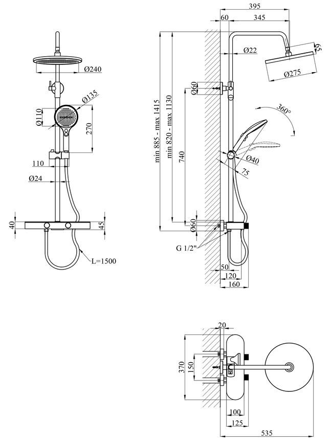 Душевая система Kroner KRP Makon-GRP0637 с изливом, графит, латунь CV035369 - Makon-GRP0637