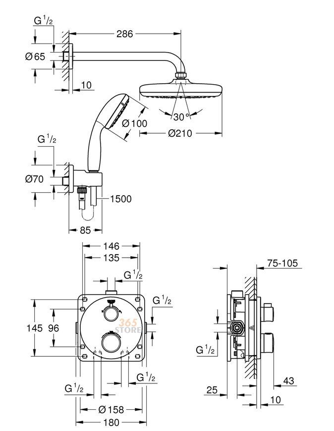 Душевая система скрытого монтажа GROHE Grohtherm с Tempesta 210 34727000 - 34727000