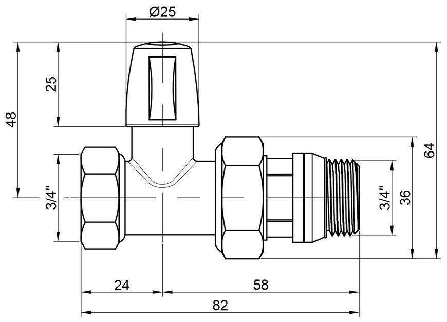 Кран (вентиль) радіаторний Icma 3/4"ВРх3/4"ЗР з антипротіканням прямий без ручки №815+940 82815AE06940 - 82815AE06940