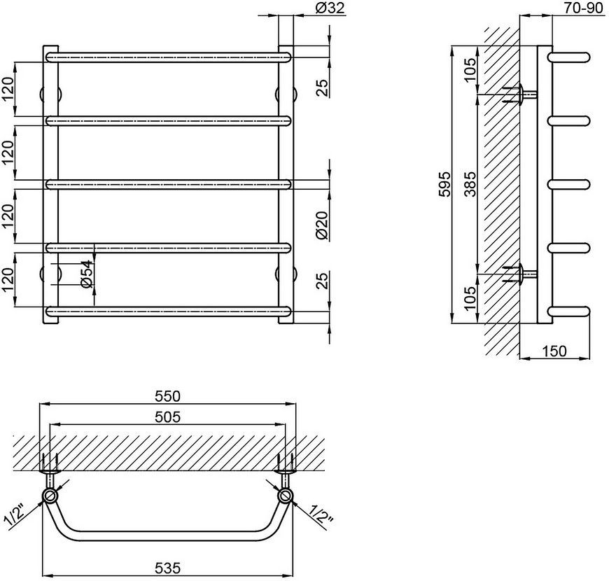 Полотенцесушитель водяной LIDZ Standard (CRM) D32/20х1/2" 500x600 P5 - LSTNDD32201250605WAT