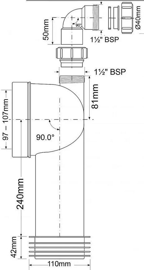 Канализационное подключение (колено) McALPINE 282 мм 90&deg; 97-107/110 мм с отводом 40 мм WC-CON8D