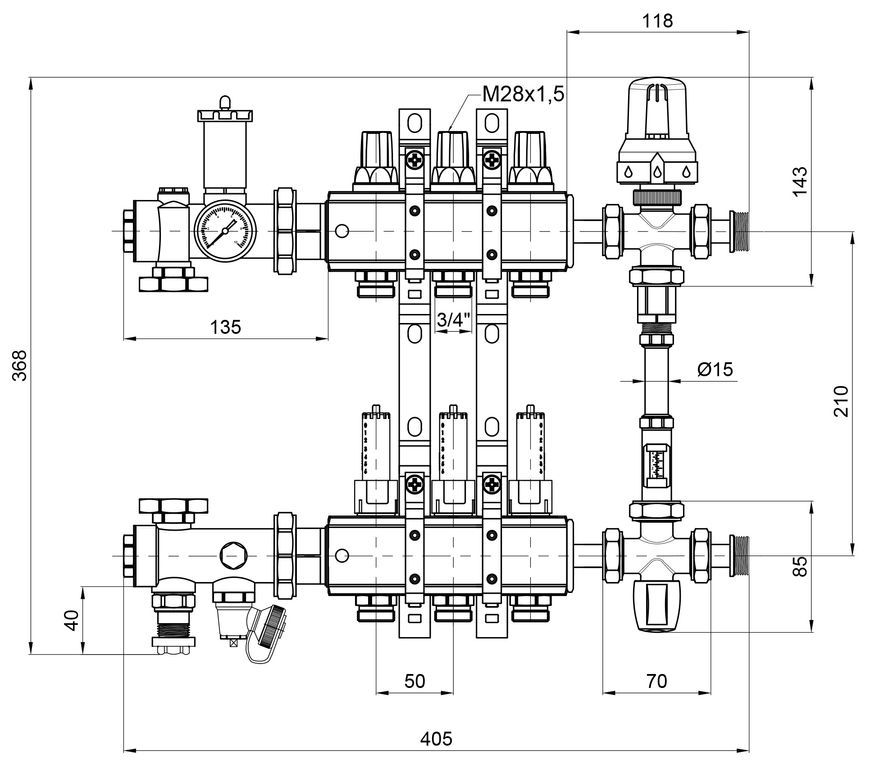 Колекторна група ICMA 1" 3 вихода, з витратомірами №K0111 A1K013APH06 - A1K013APH06