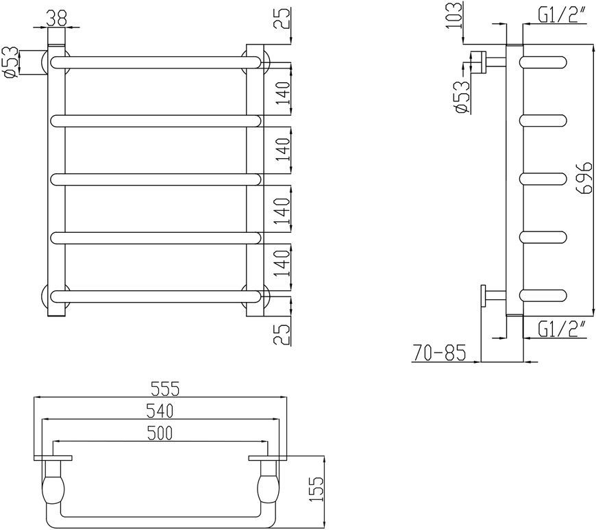 Полотенцесушитель водяной LIDZ Standard (CRM) D32/20х1/2" 500x700 P5 - LSTNDD32201250705WAT