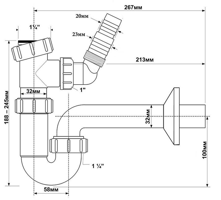 Сифон для умывальника McALPINE 1 1/4&Prime; x 32 мм с подключением к стиральной машине HC4PF-32WM - HC4PF-32WM