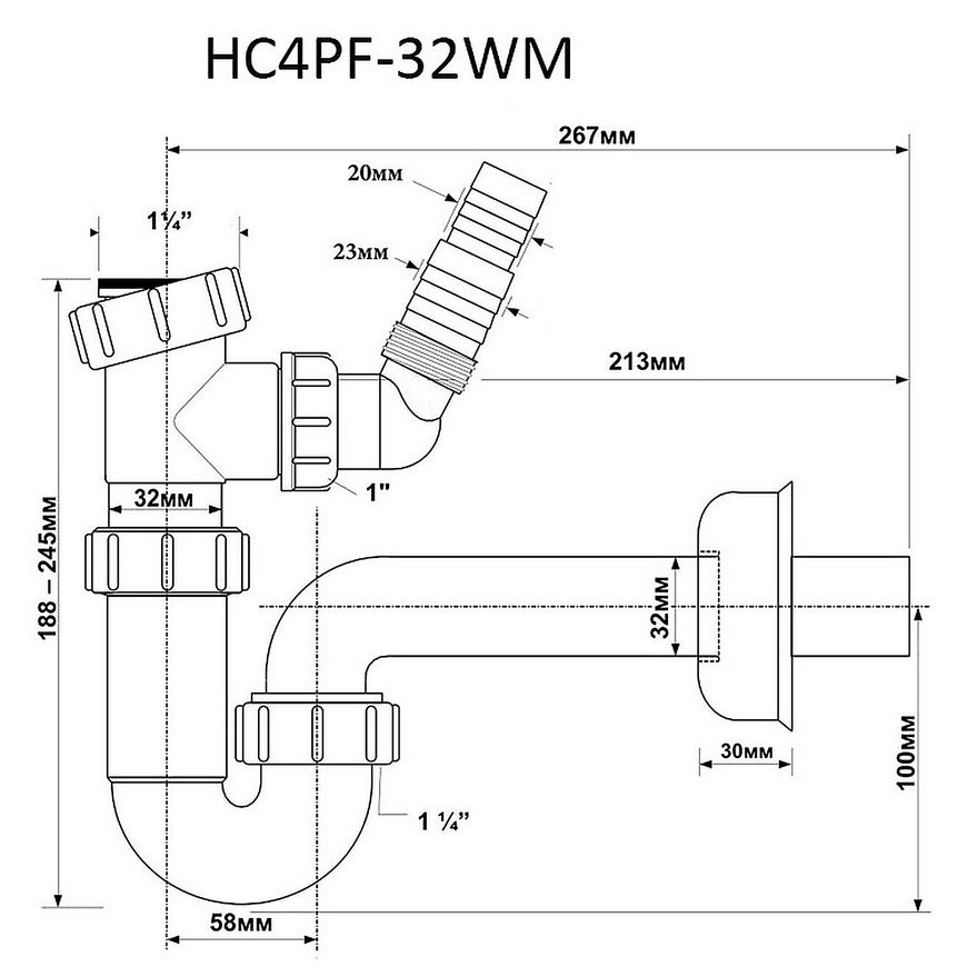 Сифон для умивальника McALPINE 1 1/4″ x 32 мм з підключенням до пральної машини HC4PF-32WM - HC4PF-32WM