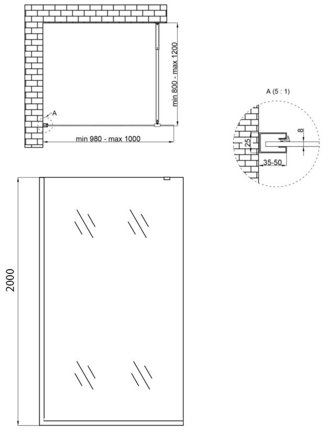 Душевая перегородка Qtap Walk-In Standard BLM201.C8 стекло 8 мм Clear, CalcLess, 100x200, неподвижная STDBLM201C8 - STDBLM201C8
