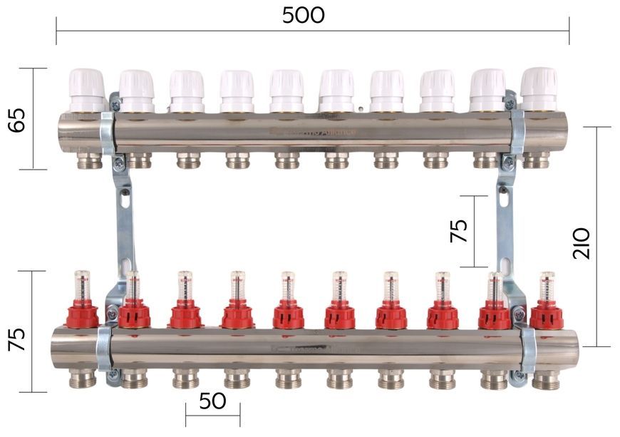 Колектор з витратомірами Thermo Alliance Standart 1" 10 виходів 3/4" + євроконуси 3/4''х16&times;2 SD235W1048891 - SD235W1048891