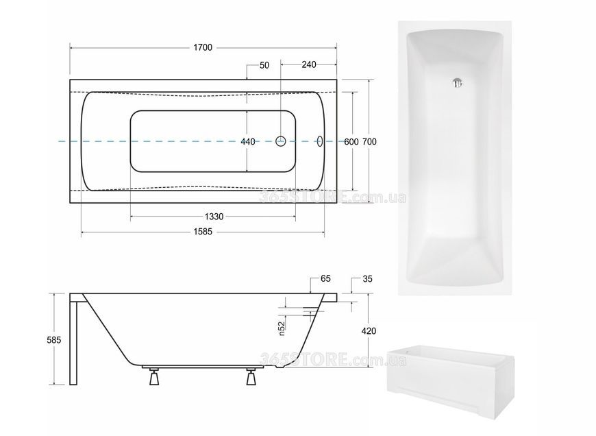 Ванна акриловая BESCO OPTIMA Premium 170x70 с подголовником, ручками и ножками - B-OP-170-70