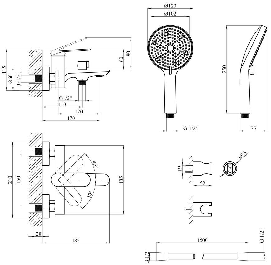 Змішувач для ванни Kroner Element 211315-5301 з душовим гарнітуром, латунь, графіт CV035953 - Element 211315-5301