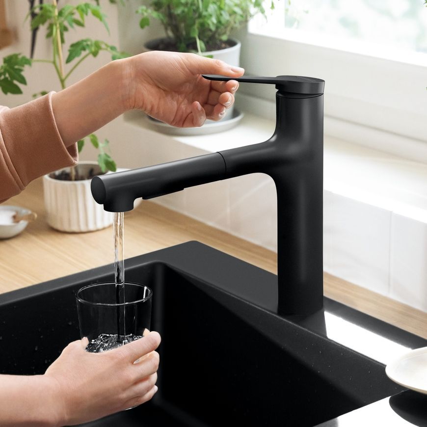 Смеситель кухонный HANSGROHE Zesis M33 160 с вытяжным изливом 2jet sBox lite 74804670 черный матовый - 74804670