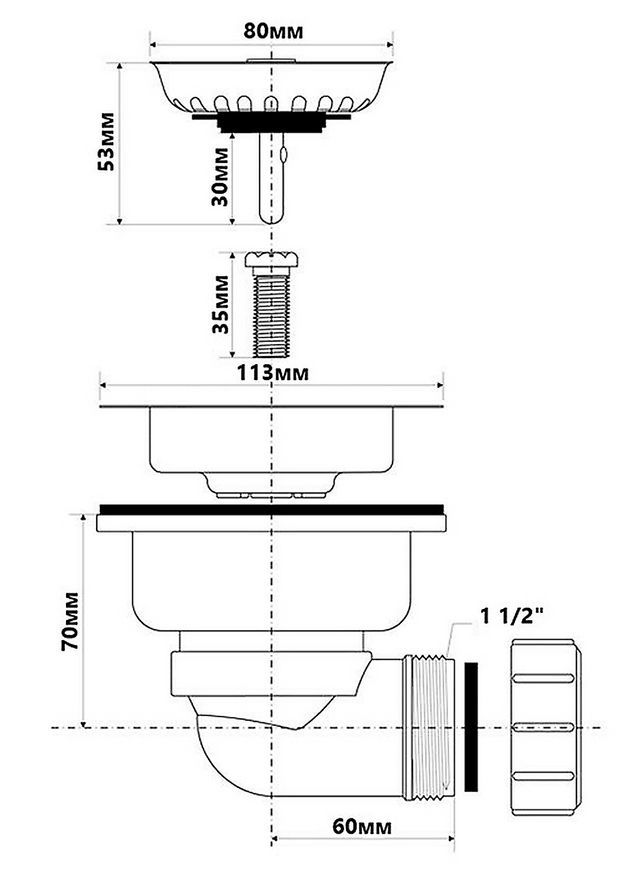 Слив для кухонной мойки McALPINE 1 1/2&Prime;x113 мм 90&deg; нержавеющая сталь HC162-SS