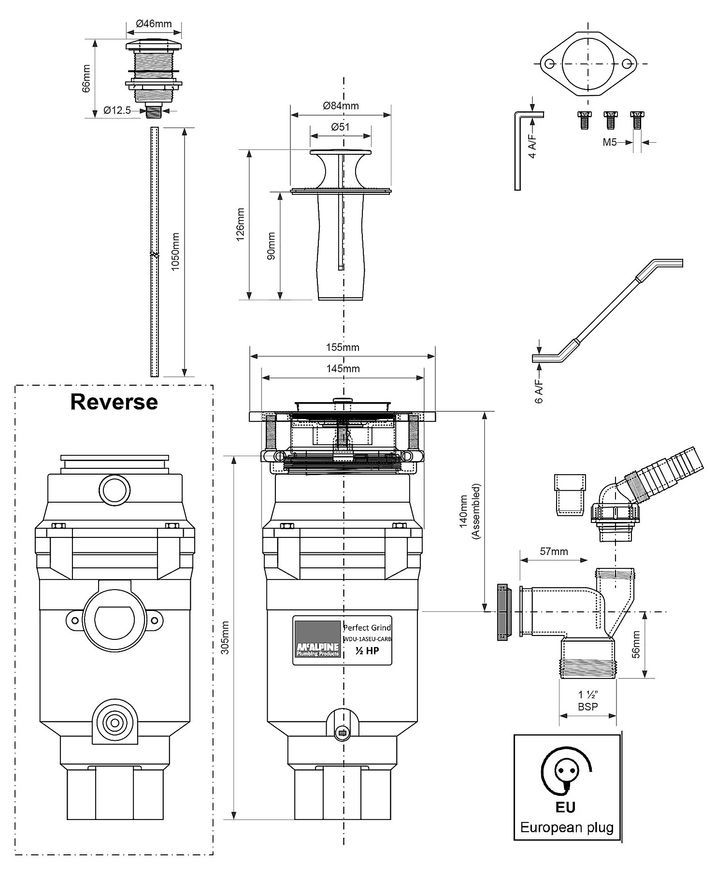 Подрібнювач харчових відходів для кухонної мийки McALPINE Slim WDU-1ASEU-CARB