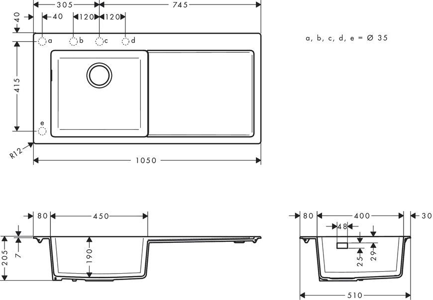 Кухонна мийка HANSGROHE S5110-F450 1050х510 крило праворуч Concretegrey сірий бетон 43330290 - 43330380