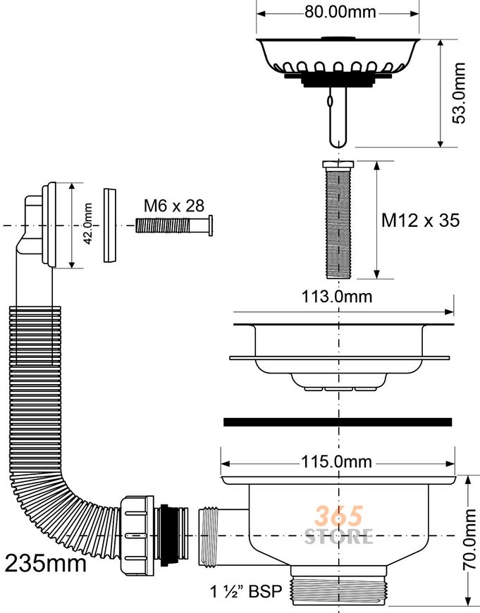 Злив для кухонної мийки McALPINE 1 1/2″x113 мм з прямокутним переливом, хром, нержавіюча сталь FSW50PR