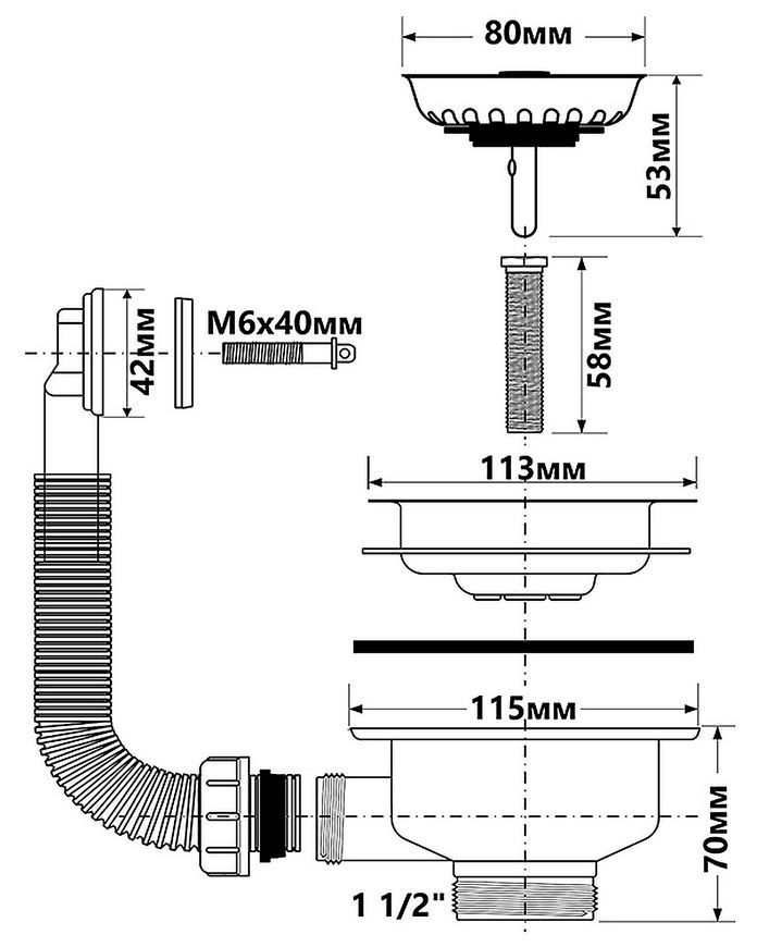 Злив для кухонної мийки McALPINE 1 1/2&Prime;x113 мм з прямокутним переливом, хром, нержавіюча сталь FSW50PR