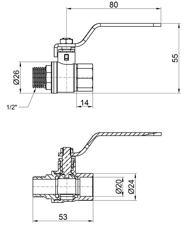 Кран шаровой Thermo Alliance Base 1/2" ВН прямой, латунь, PN40, рычаг SD605W15 - SD605W15