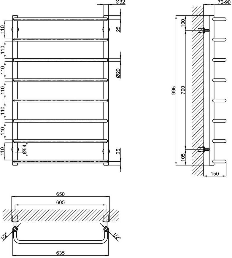 Полотенцесушитель водяной LIDZ Standard (CRM) D32/20х1/2" 600x1000 P8 - LSTNDD322012601008WAT