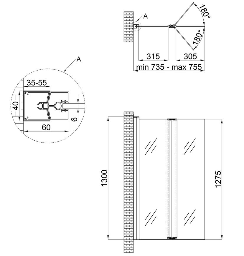 Шторка скляна (перегородка) для ванни QTAP GEMINI скло 6 мм Pear, 75x130, розпашна - GEMCRM407513RP