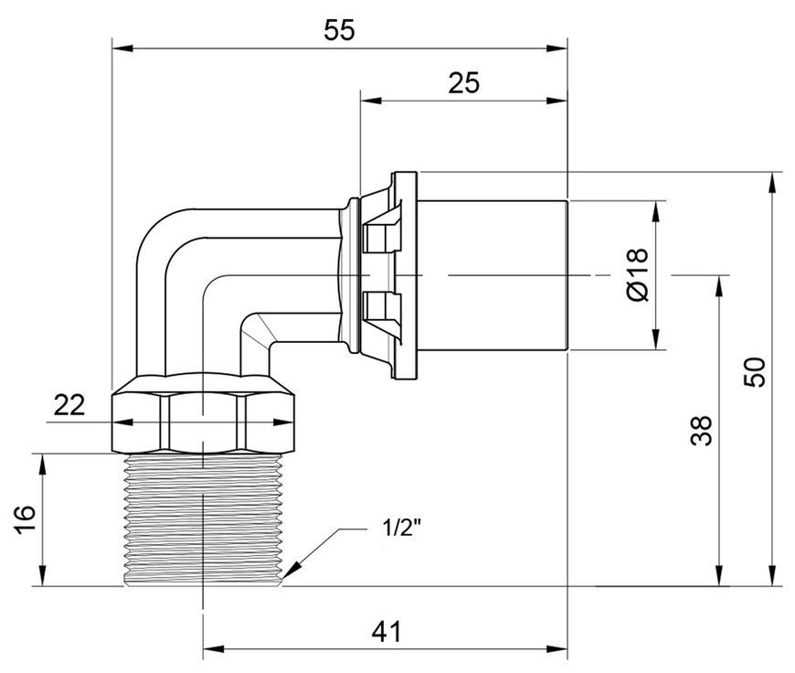 Уголок пресс-фитинг ICMA 16х1/2" НР №404 81404ADGH06 - 81404ADGH06