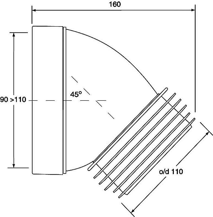 Каналізаційне підключення (коліно) McALPINE 160 мм 45° 90-110/110 мм WC-CON16