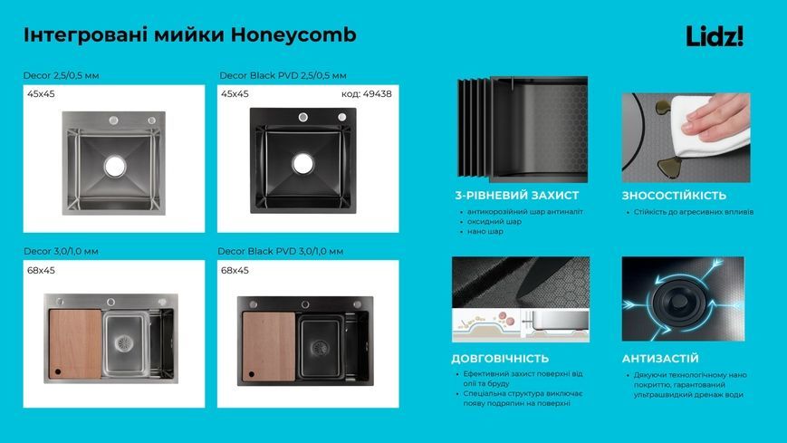 Кухонна мийка інтегрована Lidz Handmade H4545H Decor Honeycomb 2,5/0,5 мм LDH4545HDEC49437 - LDH4545HDEC49437