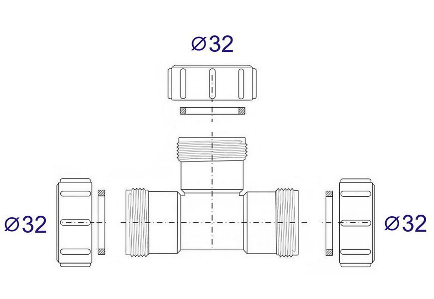 Тройник McALPINE полипропиленовый 32х32х32 мм с гайками (компрессионное соединение) 32E-WH