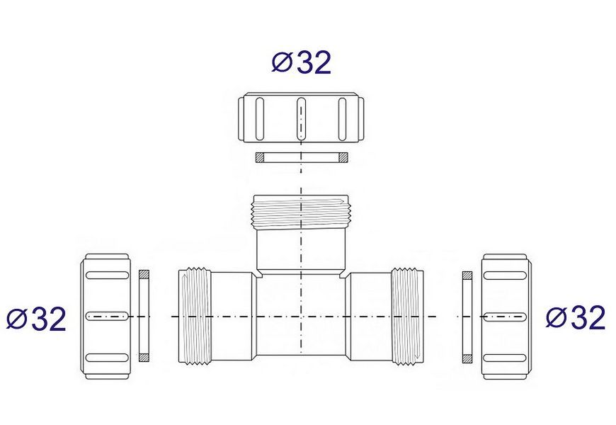 Тройник McALPINE полипропиленовый 32х32х32 мм компрессионное соединение 32E-WH